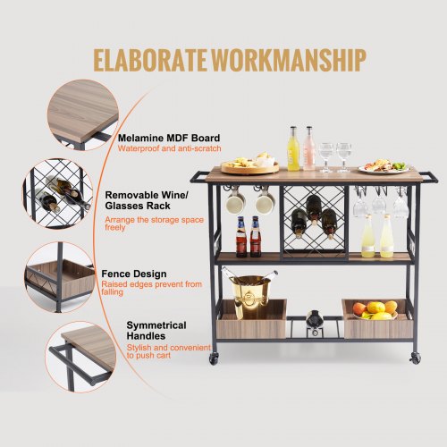 Bar Cart Home Serving Cart 3 Tiers 300 LBS Industrial Rolling Beverage