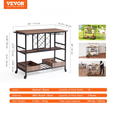 Bar Cart Home Serving Cart 3 Tiers 300 LBS Industrial Rolling Beverage