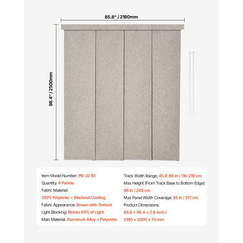 Panel Track Blinds Extendable Track from 45.8 in to 86 in W Trimmable
