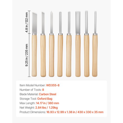 Wood Lathe Turning Tool Set 8PCS Lathe Chisel Set with Carbon Steel Blade