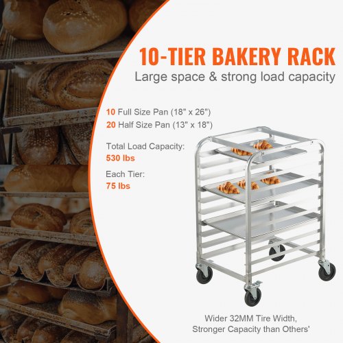 Bun Pan Rack 10Tier Commercial Bakery Racks with Brake Wheels Aluminum