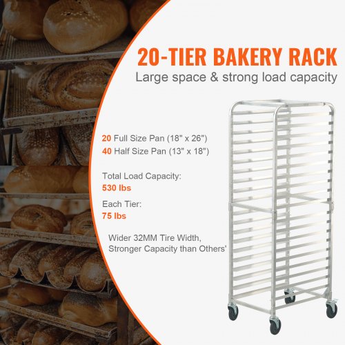 Bun Pan Rack 20Tier Commercial Bakery Racks with Brake Wheels Aluminum