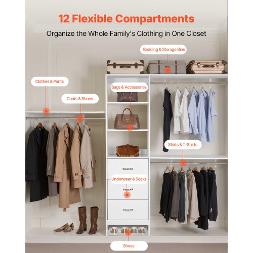 Closet System with 3 Drawers Adjustable Height Wooden Closet Organizers