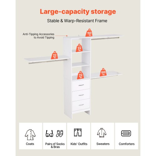 Closet System with 3 Drawers Adjustable Height Wooden Closet Organizers