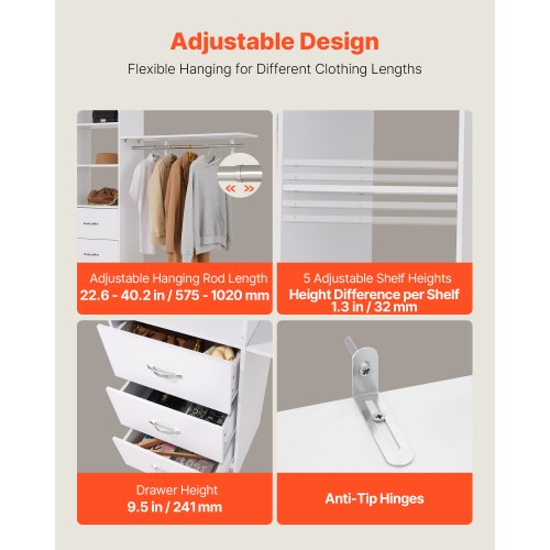Closet System with 3 Drawers Adjustable Height Wooden Closet Organizers
