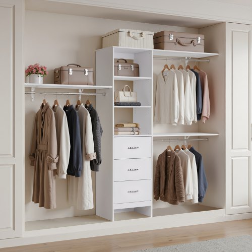 Closet System with 3 Drawers Adjustable Height Wooden Closet Organizers