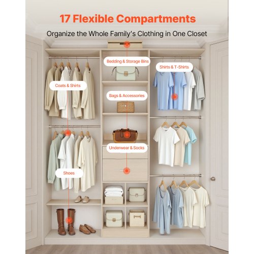 Closet System with 2 Drawers Adjustable Height Wooden Closet Organizers