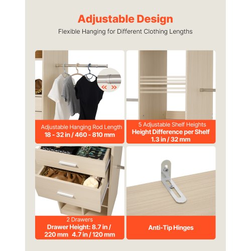 Closet System with 2 Drawers Adjustable Height Wooden Closet Organizers