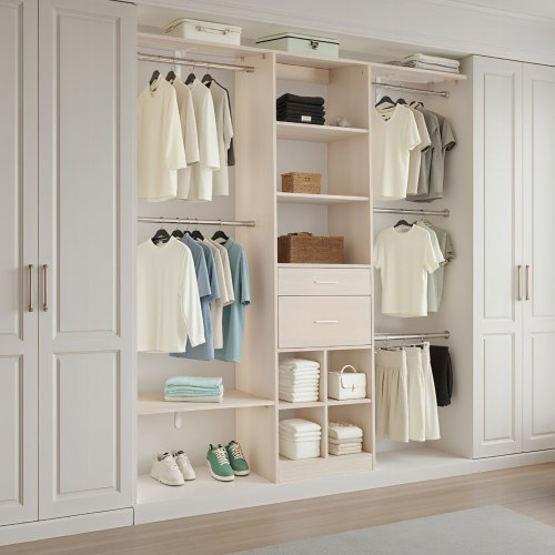 Closet System with 2 Drawers Adjustable Height Wooden Closet Organizers