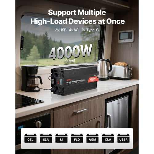 4000W Power Inverter 12V Dc To 120V Ac Modified Sine Wave Solar Car Charger
