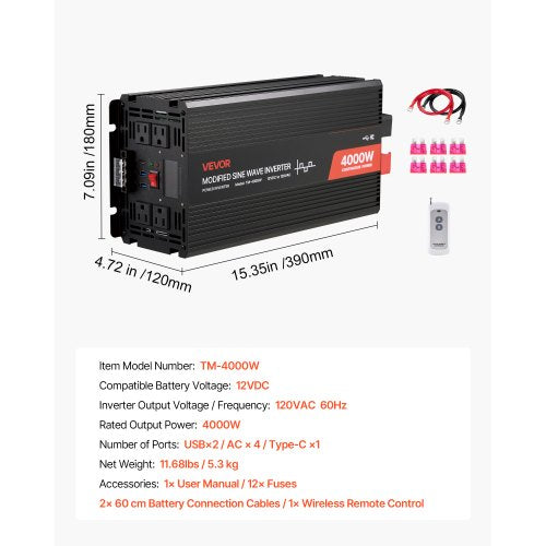 4000W Power Inverter 12V Dc To 120V Ac Modified Sine Wave Solar Car Charger