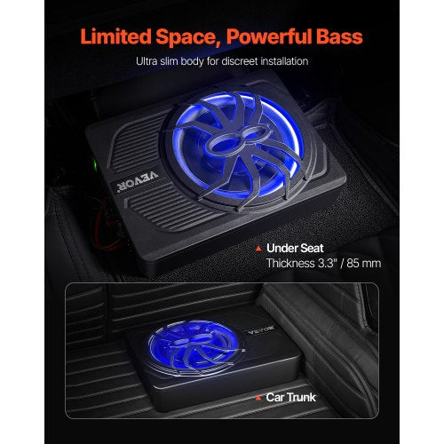 10 440W Underseat Car Subwoofer Slim Powered Car Subwoofers with Blue
