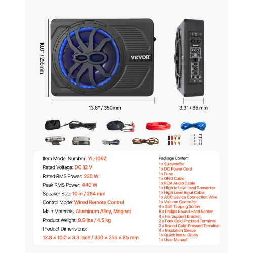 10 440W Underseat Car Subwoofer Slim Powered Car Subwoofers with Blue