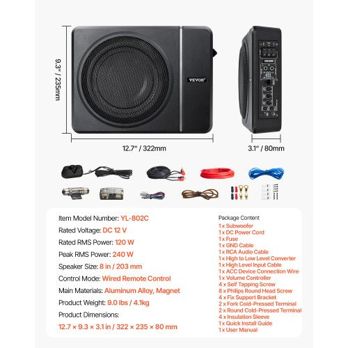8 240W Underseat Car Subwoofer Slim Powered Car Subwoofers Under the Seat