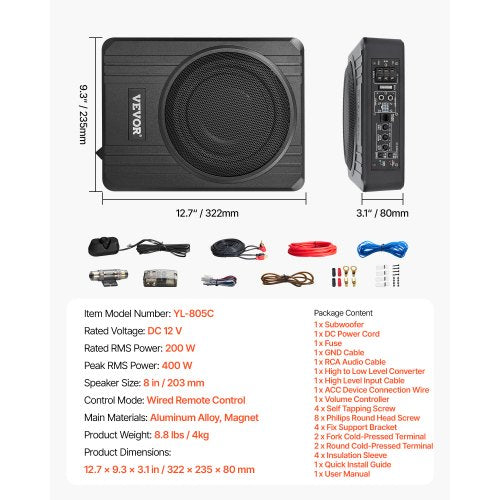 8 400W Underseat Car Subwoofer Slim Powered Car Subwoofers Under the Seat
