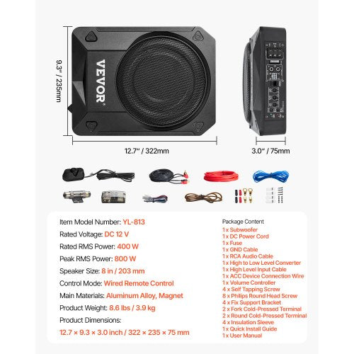 8 800W Underseat Car Subwoofer Slim Powered Car Subwoofers Under the Seat