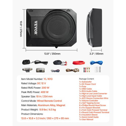 10 400W Underseat Car Subwoofer Slim Powered Car Subwoofers Under the Seat