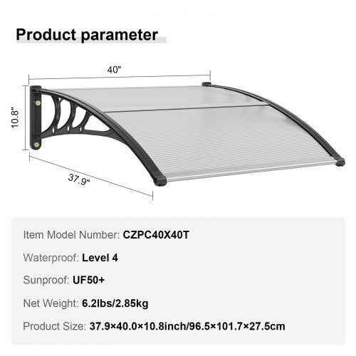 Window Door Awning Canopy 40 x 40 UPF 50 Polycarbonate Entry Door