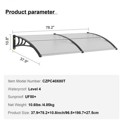 Window Door Awning Canopy 40 x 80 UPF 50 Polycarbonate Entry Door