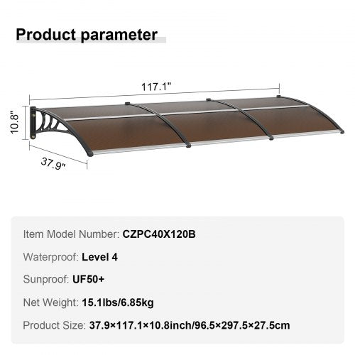 Window Door Awning Canopy 40 x 120 UPF 50 Polycarbonate Entry Door