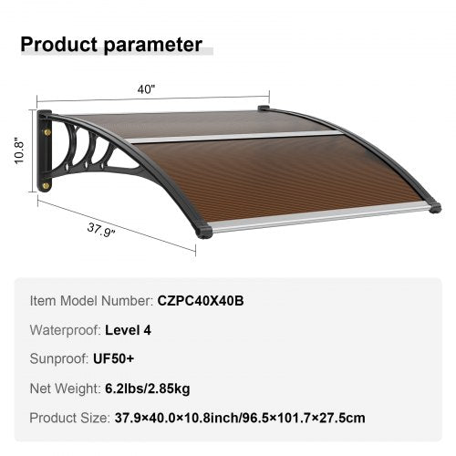 Window Door Awning Canopy 40 x 40 UPF 50 Polycarbonate Entry Door