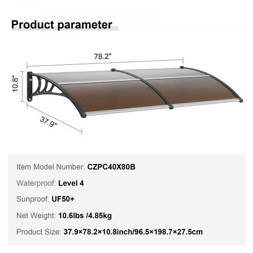 Window Door Awning Canopy 80 x 40 UPF 50 Polycarbonate Entry Door