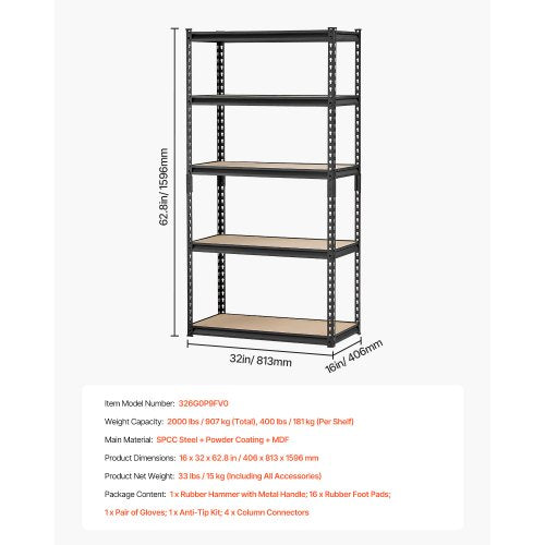 Storage Shelves 2000 lbs 5 Tier Garage Storage Shelving 16 D x 32 W x