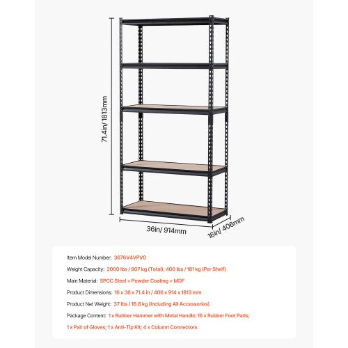 Storage Shelves 2000 lbs 5 Tier Garage Storage Shelving 16 D x 36 W x