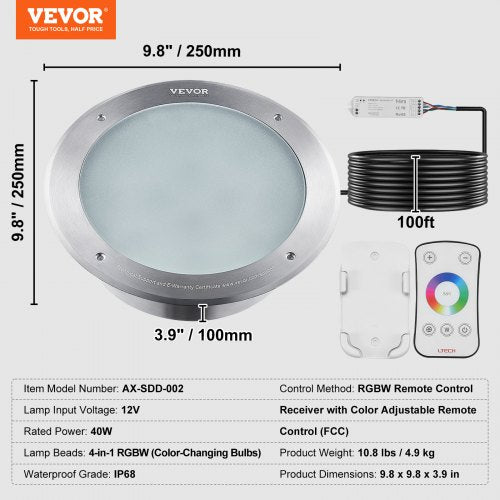 12V LED Pool Illumination 10 Inch 40W RGBW Hue Shift for Inground Pools