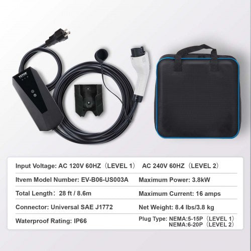 Level 12 Portable EV Charger 16 Amp 120V or 240V Electric Vehicle Charger