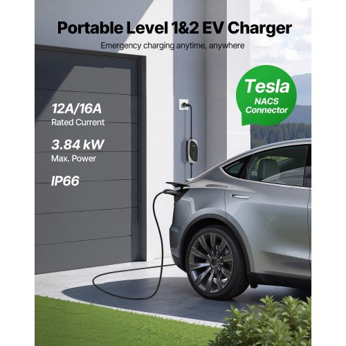 Level 12 Tesla Charger 16 Amp Portable Electric Car EV Charger with 25 ft