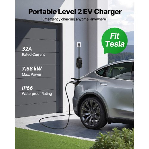 Level 2 Tesla Charger 32 Amp Adjustable Current 240V Portable Home