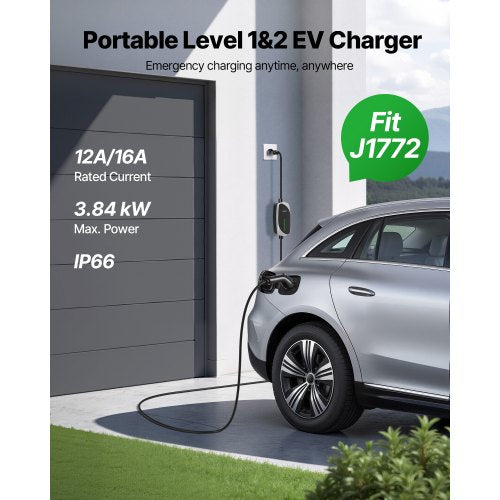 Level 12 EV Charger 16 Amp Electric Vehicle Portable Charger with 25 ft