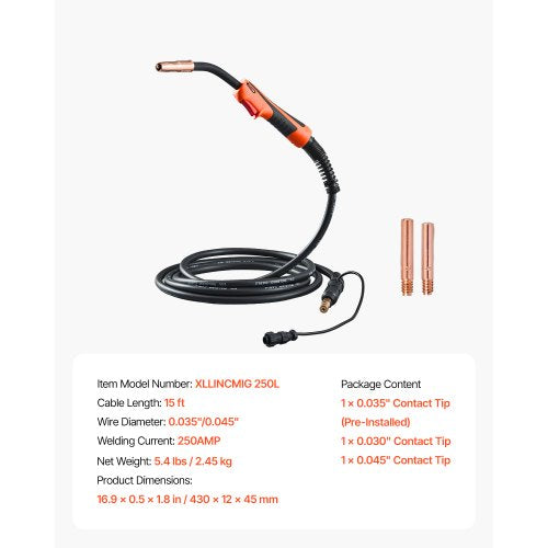 250Amp Mig Welding Gun with 15FT Cable Compatible with LincoIn Power MlG