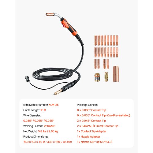 250Amp Mig Welding Gun with 15FT Cable Compatible with Millermatic 200