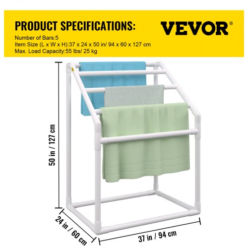 Towel Rack 5 Bars Outdoor PVC Towel Holder Freestanding Pool Towel Hanger