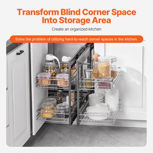Min 15W Opening Blind Corner Pull Out Organizer 2 Tier 4 Shelf Kitchen
