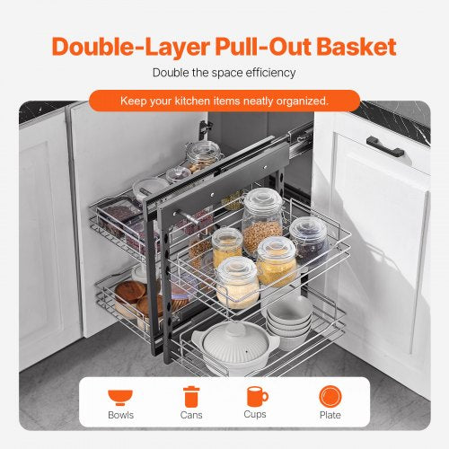Min 15W Opening Blind Corner Pull Out Organizer 2 Tier 4 Shelf Kitchen