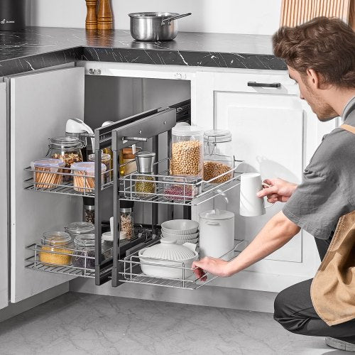 Min 15W Opening Blind Corner Pull Out Organizer 2 Tier 4 Shelf Kitchen