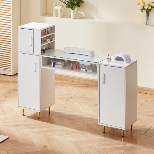 Manicure Table Glass Top Nail Desk Makeup Dressing Nail Station with Storage