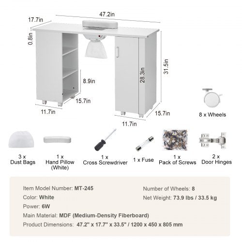Manicure Table Nail Table Station with Electric Dust Collector Moveable