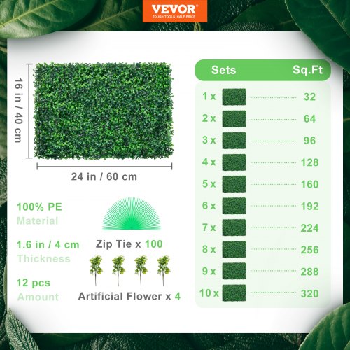 12PCS 24x16 Grass Wall Panels for 32 SQ Feet Boxwood Hedge Wall Panels