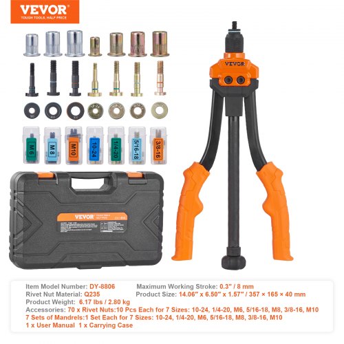 Rivet Nut Tool 14” Rivnut Tool Kit with 7 PCS Metric and SAE Mandrels 70