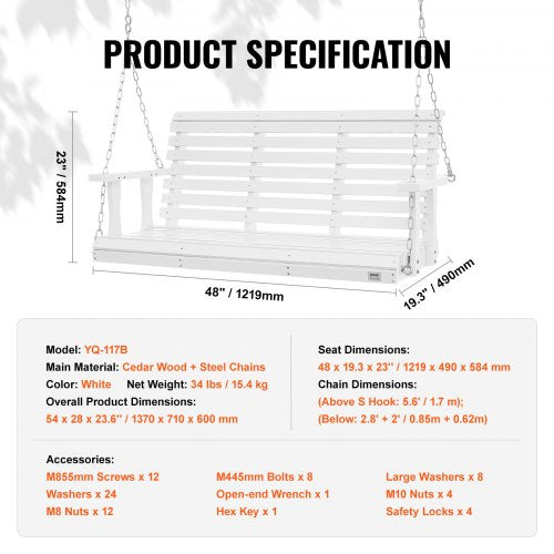 Wooden Porch Swing 4.5 ft Patio bench swing for Courtyard Garden