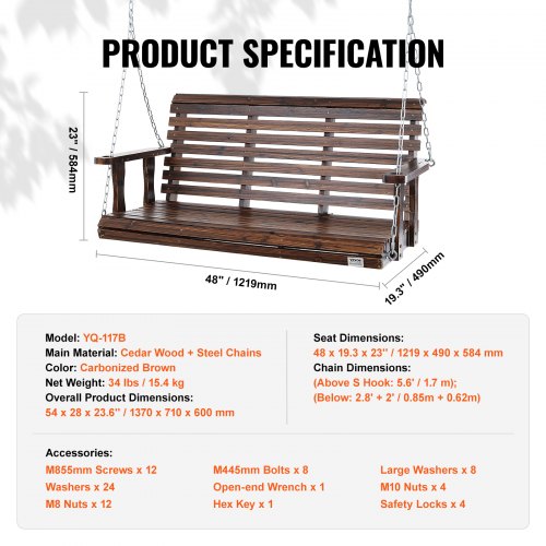 Wooden Porch Swing 4.5 ft Patio bench swing for Courtyard Garden