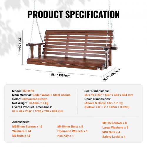 Wooden Porch Swing 5.5 ft Patio bench swing for Courtyard Garden