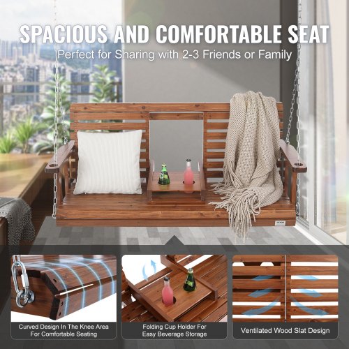 Wooden Porch Swing 5 ft Patio bench swing for Courtyard Garden Upgraded