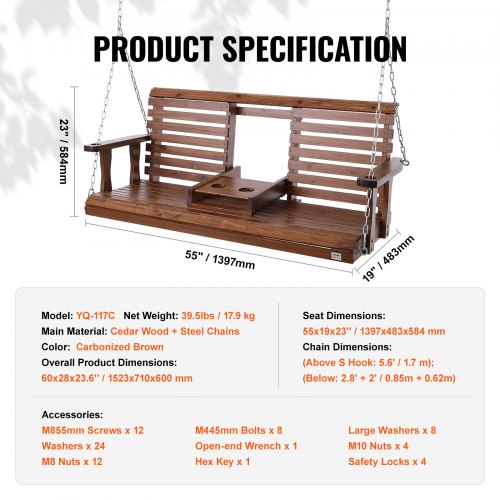 Wooden Porch Swing 5 ft Patio bench swing for Courtyard Garden Upgraded
