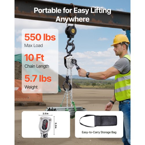 Manual Lever Chain Hoist 14T 550LBS Capacity Heavy Duty Come Along 10FT
