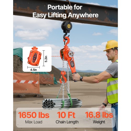 Manual Lever Chain Hoist 34T 1650LBS Capacity Heavy Duty Come Along 10FT